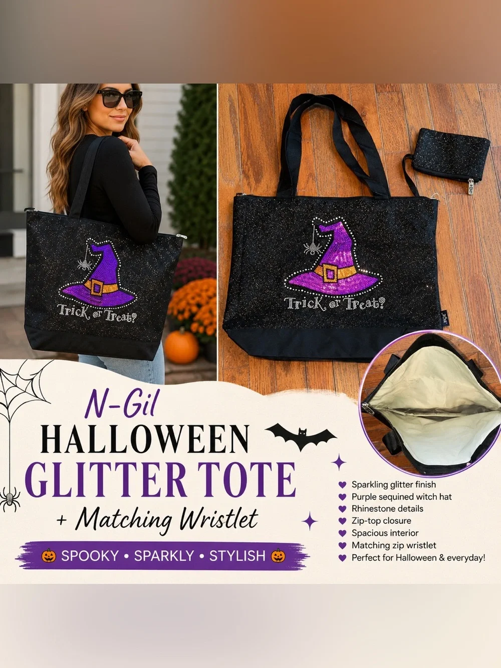 N-Gil Halloween Glitter Trick or Treat Tote Bag w/ Matching Wristlet